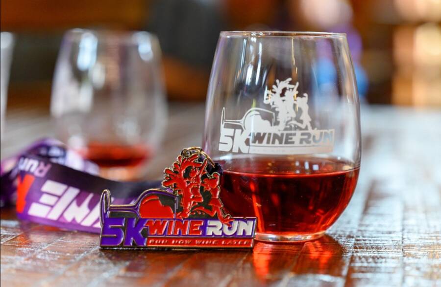 Terry Blanca Wine Run 5K in June 2025 in Benton City Washington medal and wine glass