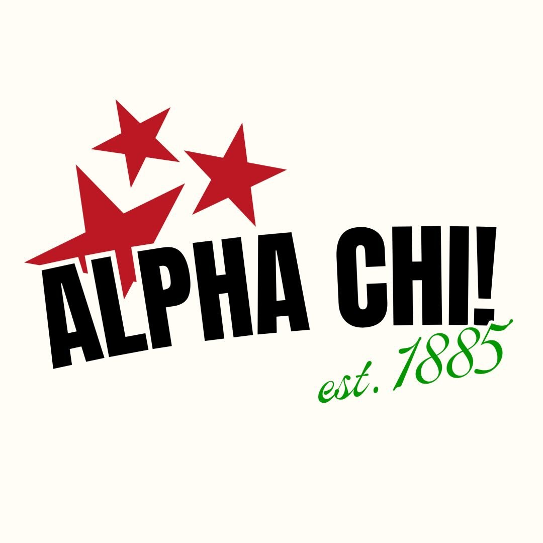 Home 9 Alpha Chi Omega Utah design featuring red stars in the upper left corner, green text reading ‘Alpha Chi!’ with ‘est. 1885’ below, on a yellow background