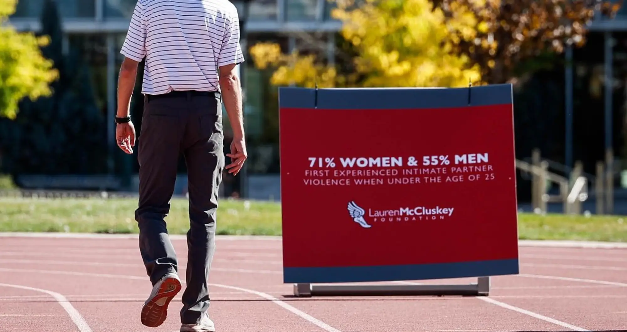 University of Utah track hurdle banner 71% of women and 55% of men first experienced intimate partner violence under the age of 25