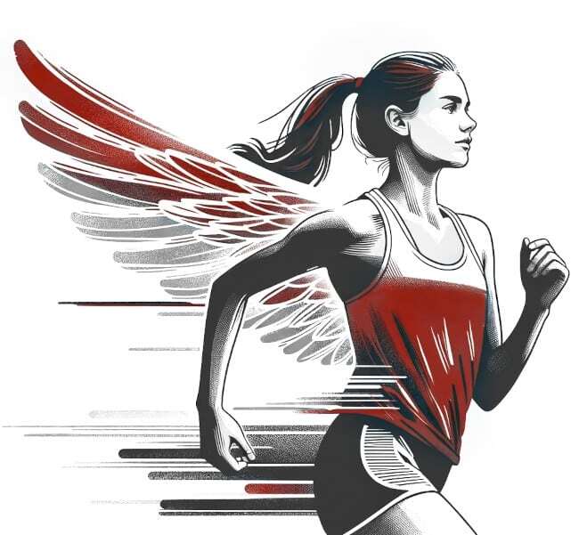 Home 1 Line drawing of Lauren McCluskey running as an athlete with angel wings, symbolizing her spirit and legacy, represented by The Lauren McCluskey Foundation.