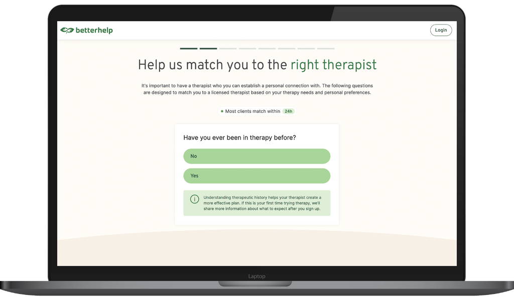 BetterHelp and the Lauren McCluskey Foundation Partner to Provide Free Therapy Resources to those impacted by Relationship Violence 2 Laptop UI Questionnaire Q1